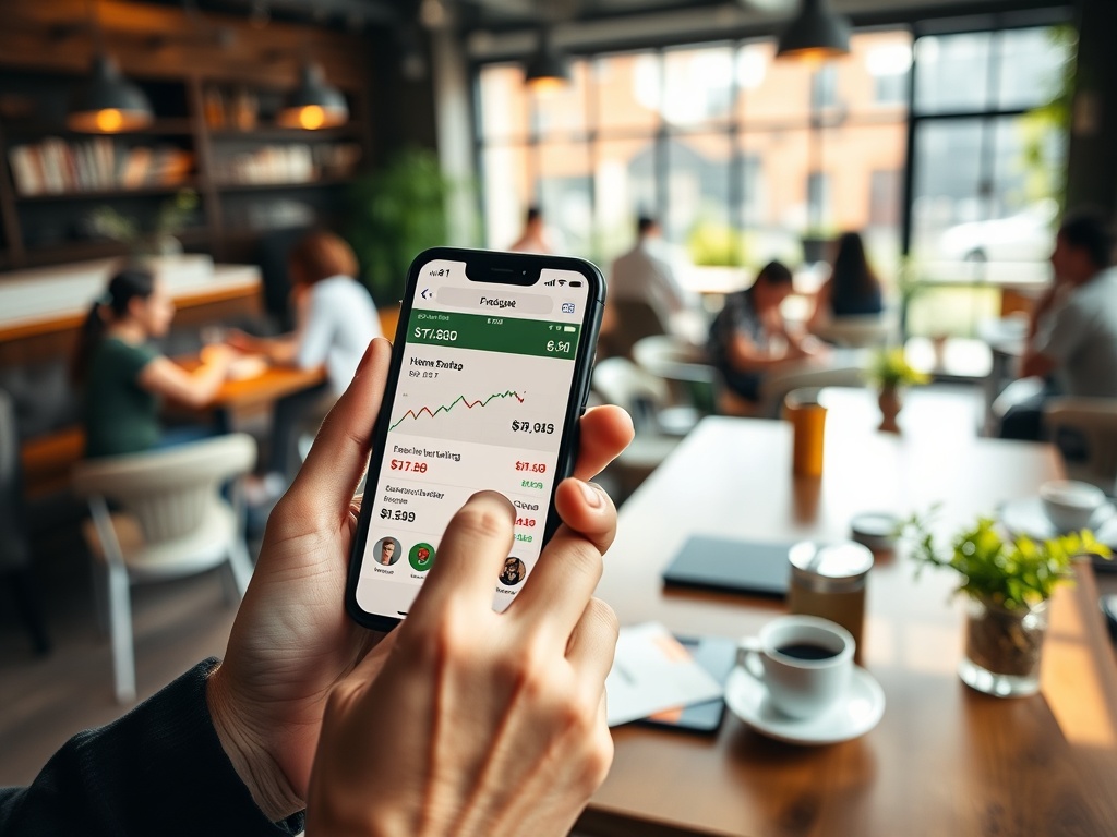 Покупка недвижимости с использованием средств от продажи ценных бумаг Человек держит телефон в кафе и просматривает финансовые данные и графики на экране.