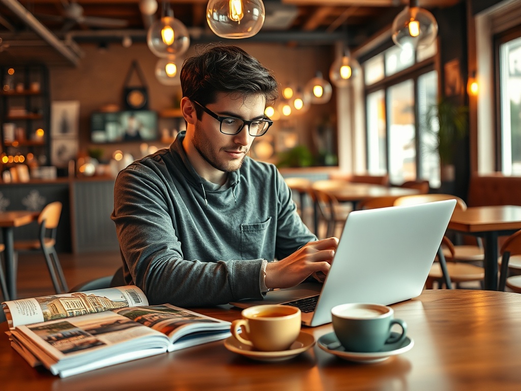 Как выбрать новостройку для жизни Молодой человек работает за ноутбуком в кафе, перед ним две чашки кофе и открытая книга.