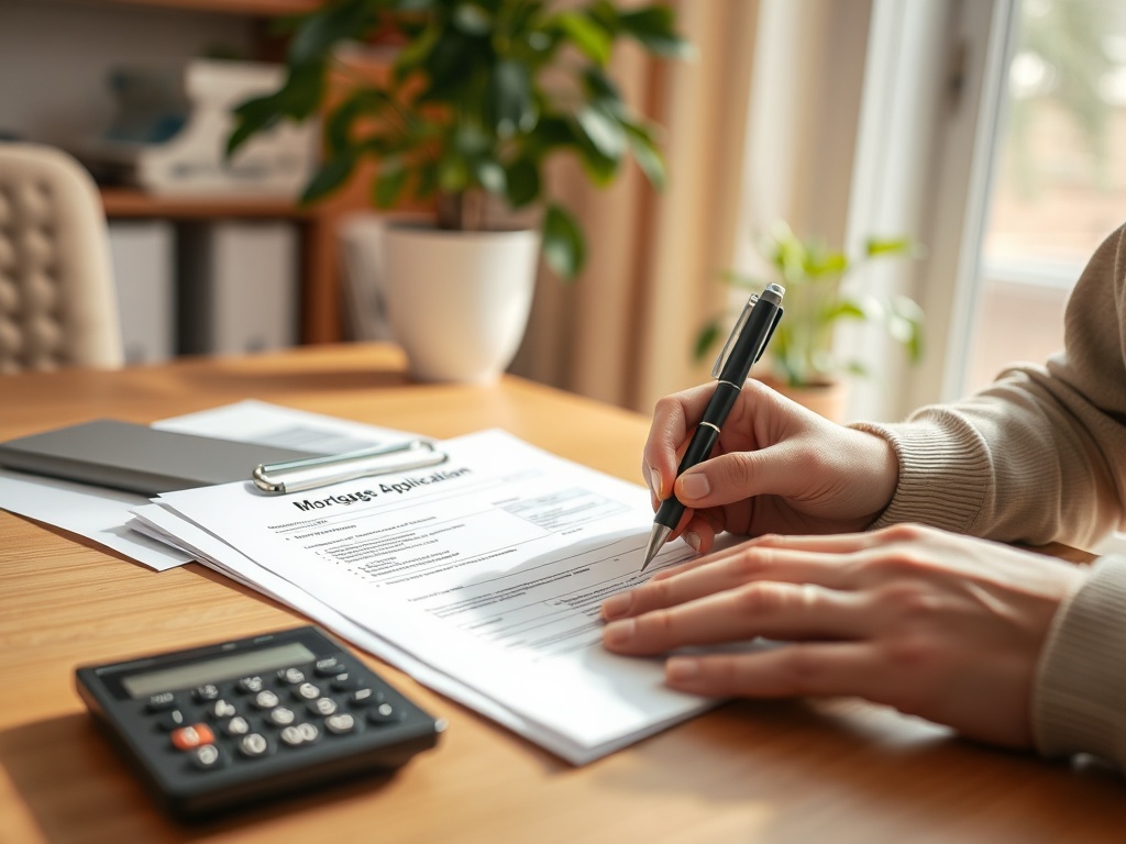 Человек заполняет заявку на ипотеку, на столе расположены документы и калькулятор.