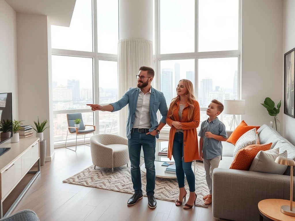 Как выбрать новостройку для жизни Семья в стильной комнате обсуждает что-то интересное, наслаждаясь прекрасным видом из окна.