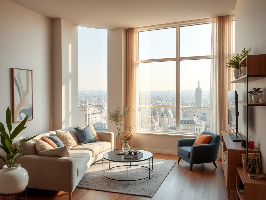 Современная квартира с уютной мебелью и панорамным видом на город. Лучи солнца проникают через окна.