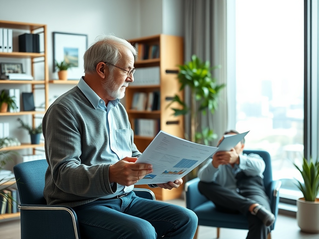 Старший мужчина читает документы, в то время как другой человек сидит позади, держа в руках бумаги в офисе.